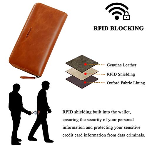 VISOUL Leather Long Zipper Pouch Wallet for Men and Women with RFID Blocking, Large Clutch Cash Long Wallet with Zipper (Orange) - Image 4