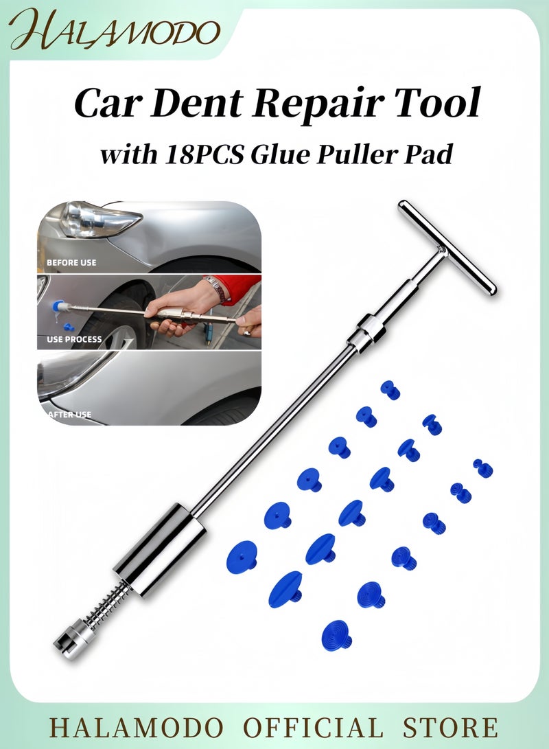 هالامودو مجموعة إصلاح خدوش السيارة، مجموعة إصلاح هيكل السيارة، مطرقة منزلقة على شكل حرف T مع 18 قطعة من علامات التبويب لسحب الغراء، مجموعة إزالة الخدوش، ساحب بدون أثر للسيارات والسيارات الرياضية والشاحنات - Image 1