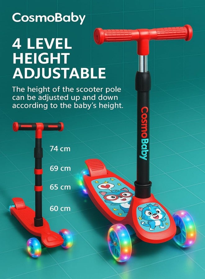 COSMOBABY سكوتر كوزموبابي للأطفال قابل لتعديل الارتفاع | تصميم قابل للطي | عجلات LED عريضة | عجلات PVC | مناسب للأعمار من 2 إلى 12 سنة | أقصى وزن 60 كجم (أحمر) - Image 3