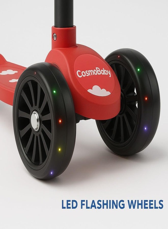 COSMOBABY سكوتر كوزموبابي للأطفال قابل لتعديل الارتفاع | تصميم قابل للطي | عجلات LED عريضة | عجلات PVC | مناسب للأعمار من 2 إلى 12 سنة | أقصى وزن 60 كجم (أحمر) - Image 2
