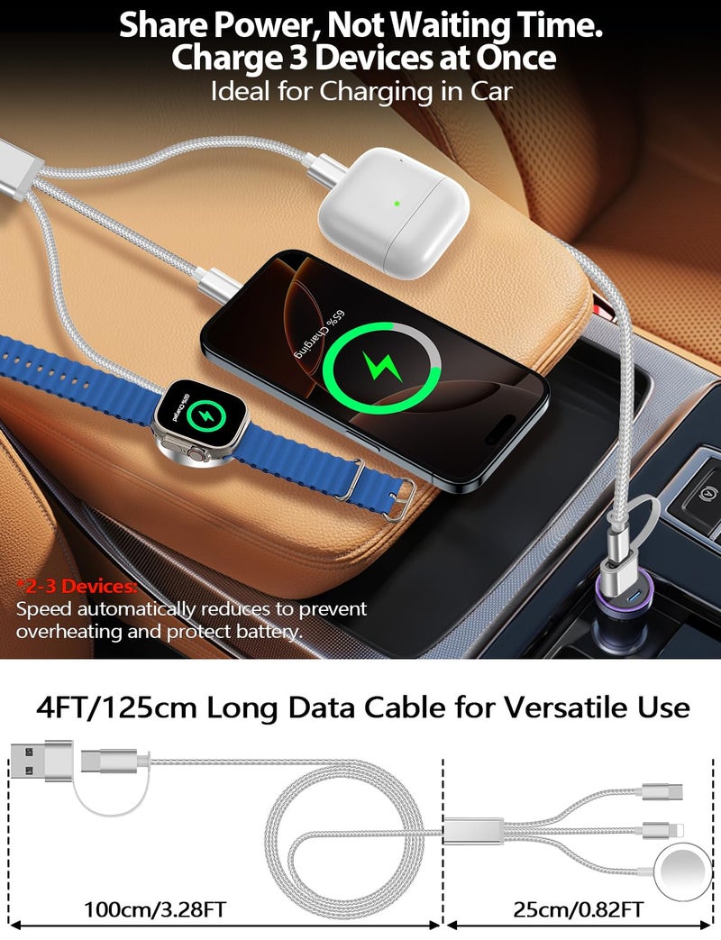 xiwxi Travel Essentials for Apple Watch Charger,iPhone Charger,3 in 2 Type C/Lightning/Magnetic Travel Charging Cable,Portable Multi Charging Cable for Apple Watch, iPhone 17‑11,Samsung S26,Car,Camera–4ft - Image 3