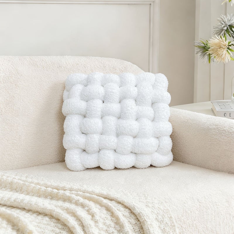 1pc Square Knot Throw Pillow White Small Size Soft Teddy Knotted Decor For Room And Couch - Image 1