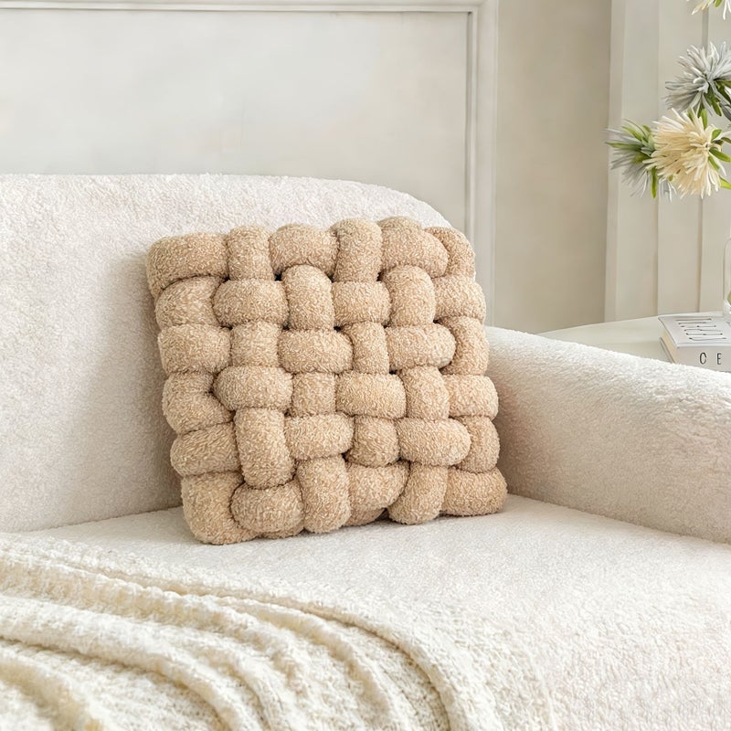 1pc Square Knot Throw Pillow White Small Size Soft Teddy Knotted Decor For Room And Couch - Image 2