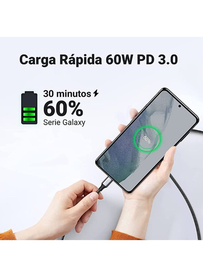 60W USB Type C Cable Nylon Braided USB C to USB C 2.0 Cable (C to C) Compatible For iPhone 16 15 Pro Max iPad Pro Air mini 6 MacBook Pro Air Galaxy S24 S23 Ultra Z Fold Xiaomi Honor OPPO OnePlus 1M Grey Black - Image 3