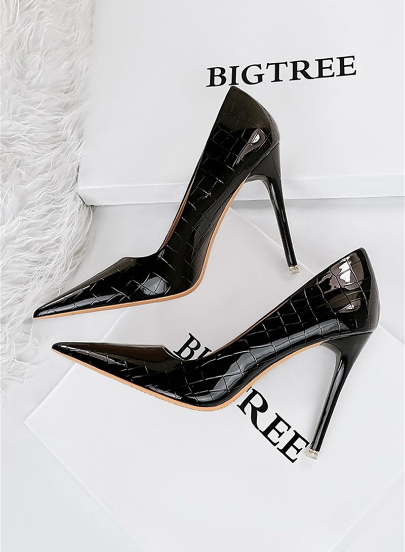 BIGTREE 10.5cm Fashion Simple Slim Heels High Heels Bright Surface Patent Leather Shallow Mouth Pointed Women's Heels Black - Image 2