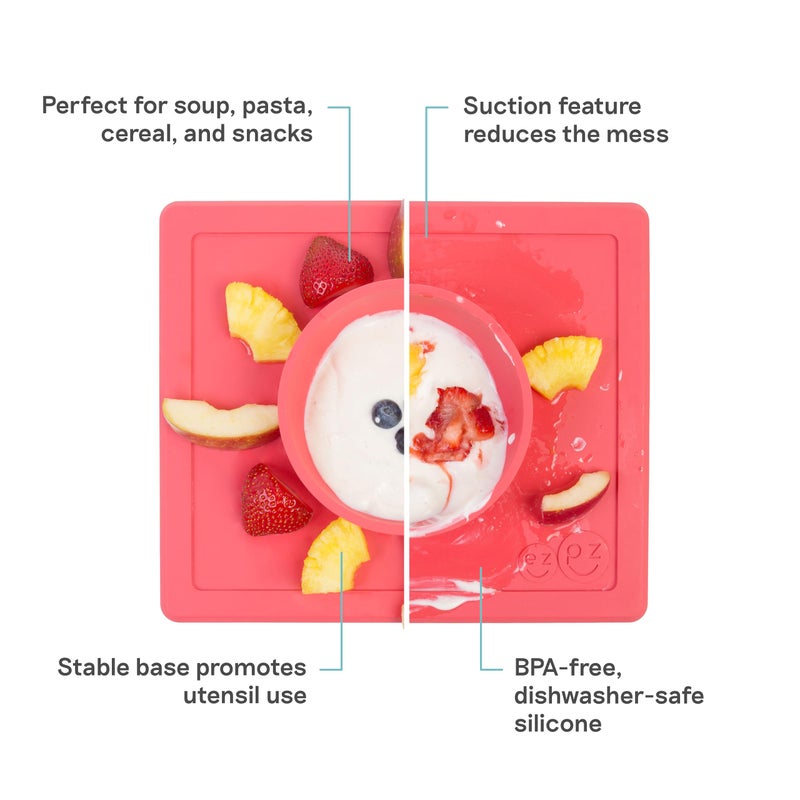 ezpz Happy Bowl - 24 Months + (Coral) - 100% Silicone Suction Bowl with Built-in Placemat â€“ Dishwasher Safe - Image 2
