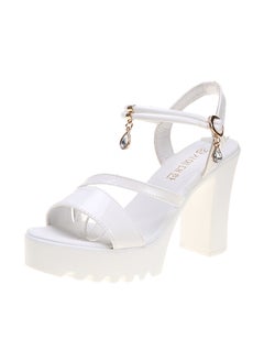 2023 Summer New Style Womens Korean Version One-Row Water Diamond Sandals With Thick High Heels And Buckle Fashion Sandals White