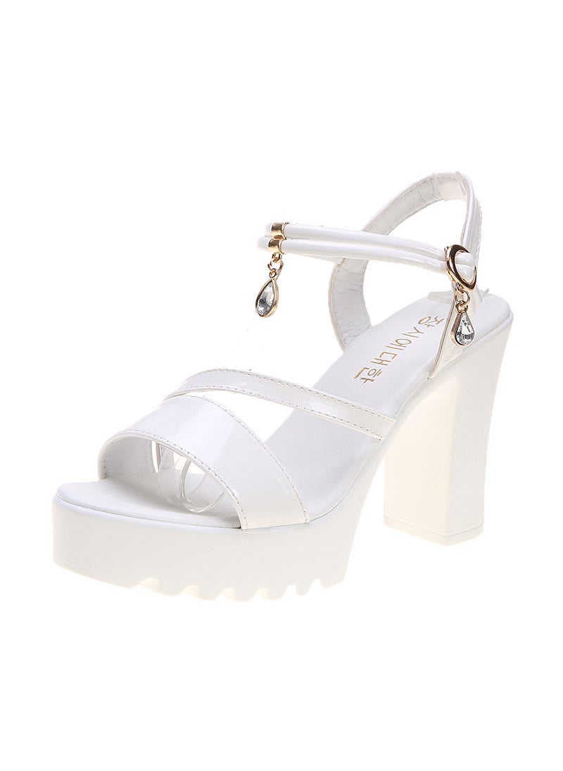 Generic - 2023 Summer New Style Womens Korean Version One-Row Water Diamond Sandals With Thick High Heels And Buckle Fashion Sandals White - Image 1