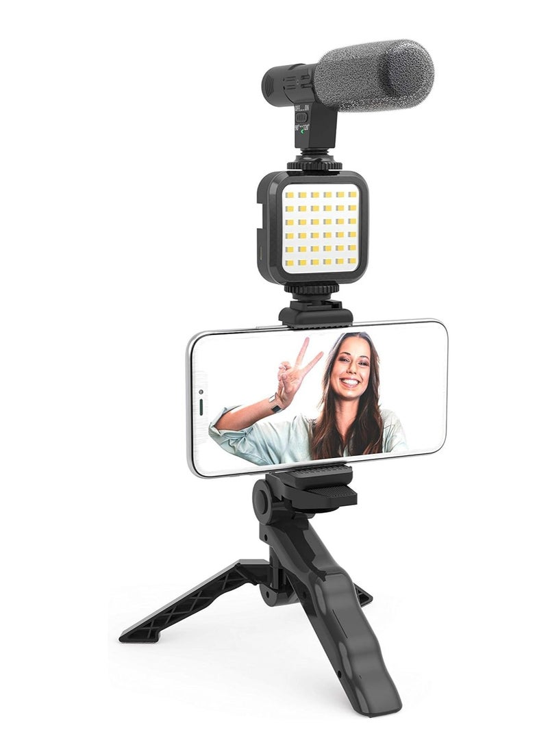 ELTRAZONE Vlogging LED Video Light + Microphone + Mobile Phone Holder + Hand Grip/Mini Tripod Compatible with Smartphones for TikTok, Youtube, Live Streaming and Meetings - Image 1