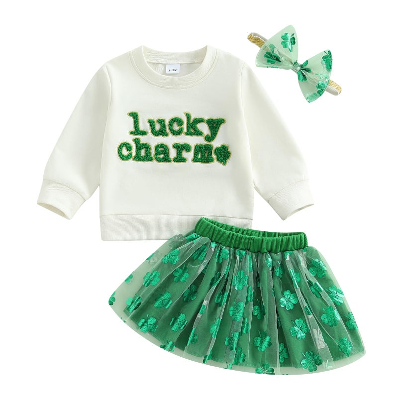 Amnnchya Toddler Baby Girl St Patricks Day Outfit Little Girl Clothes Skirt Set Lucky Charm Sweatshirt Clover Tutu Dress (Green, 5-6 Years) - Image 1
