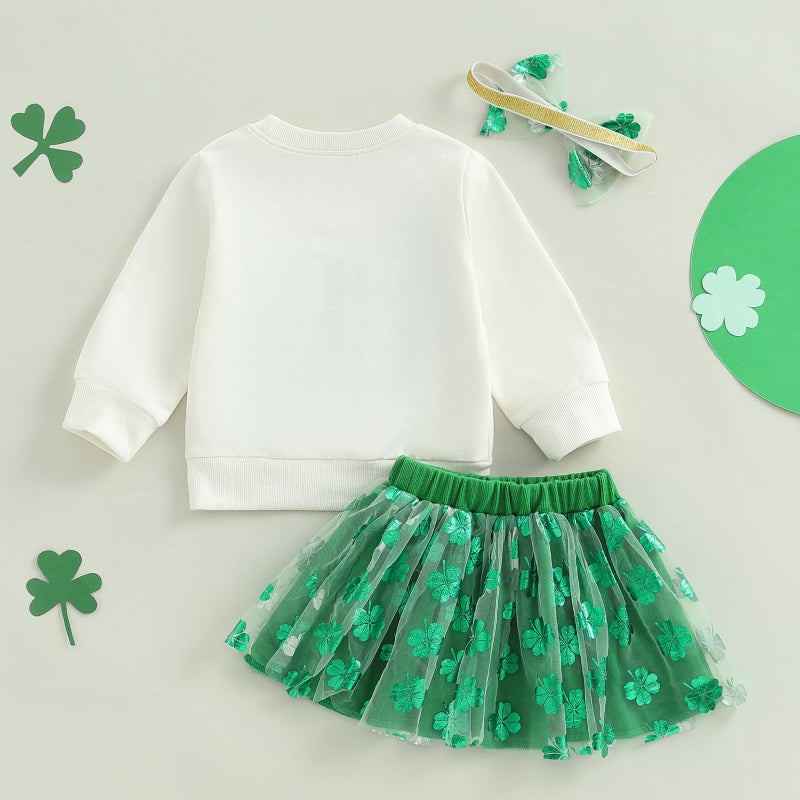 Amnnchya Toddler Baby Girl St Patricks Day Outfit Little Girl Clothes Skirt Set Lucky Charm Sweatshirt Clover Tutu Dress (Green, 5-6 Years) - Image 4