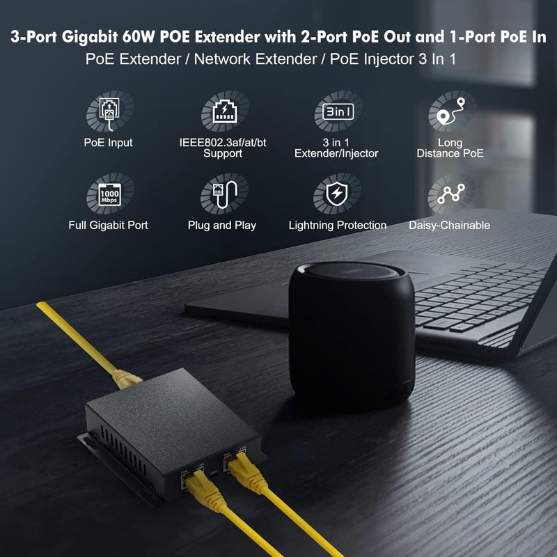 Binardat Gigabit PoE Extender, 1 PoE in 2 PoE Out, IEEE802.3af/at/bt PoE Powered Max 60W, Hi-PoE 90W, 10/100/1000Mbps Ethernet, Metal Small Wall Mount PoE Extender/Injector/Network Extender - Image 2