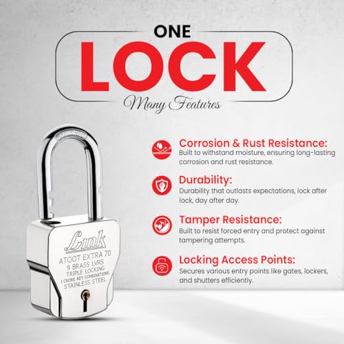 Link® Atoot Extra 70m Triple Locking Mechanism Padlock, Hardened Shackle,Each Padlock with 3 Silver Keys (Pack of 2) - Image 3