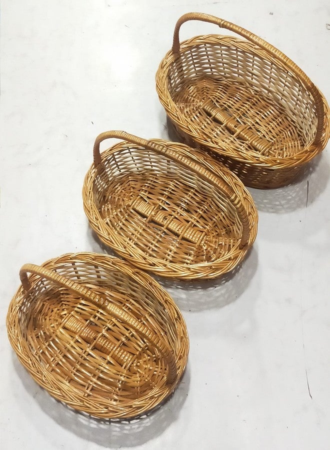 SHRUSTAM, Multipurpose Ovel Handle Bamboo Basket for Wedding Gifting, Hamper, Decoration, Fruit Storage, Daily Use (Set of 3) - Image 1