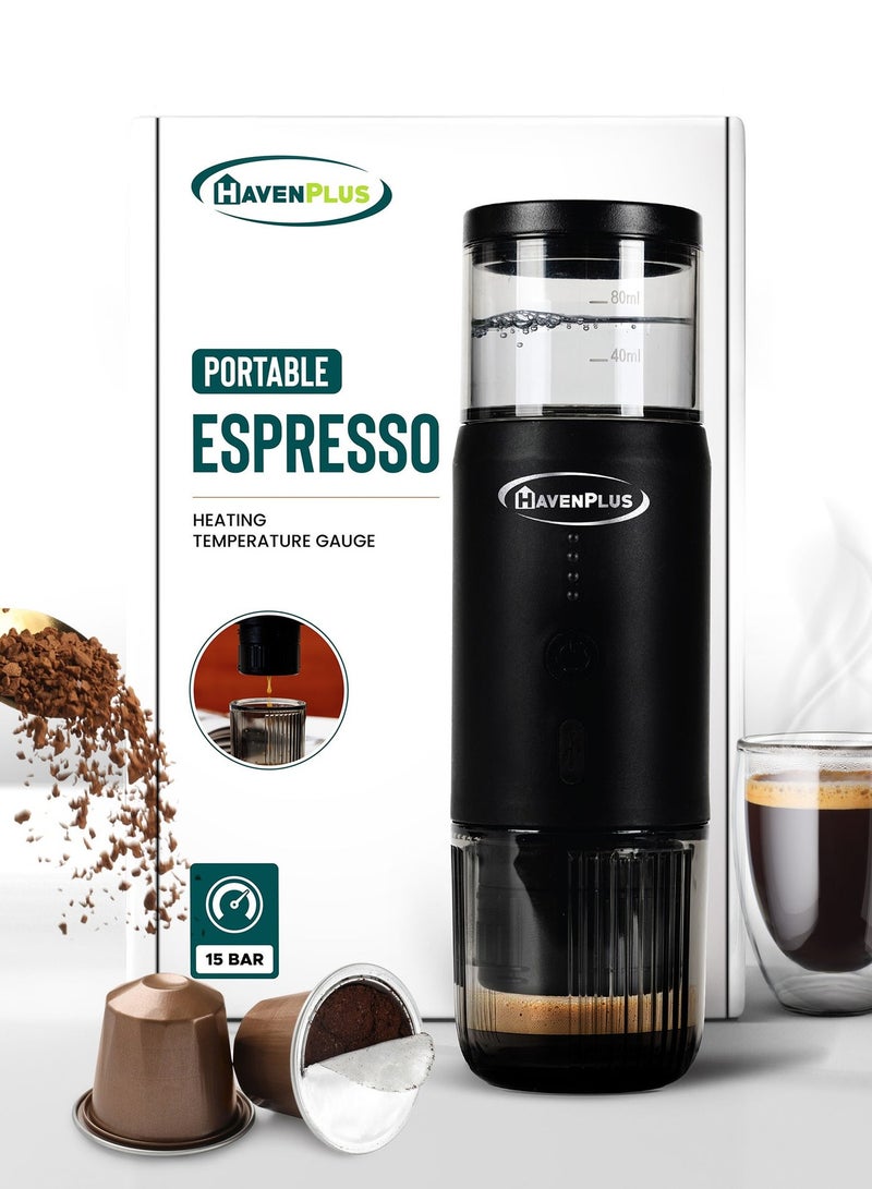 HavenPlus Portable Espresso Machine, 3-4 Min Self-Heating, 15-Bar Pressure, Food-Grade Stainless Steel, 7500mAh battery–Ideal for Travel, Car, Home & Office–Compatible with Nespresso* & Ground Coffee. - Image 1