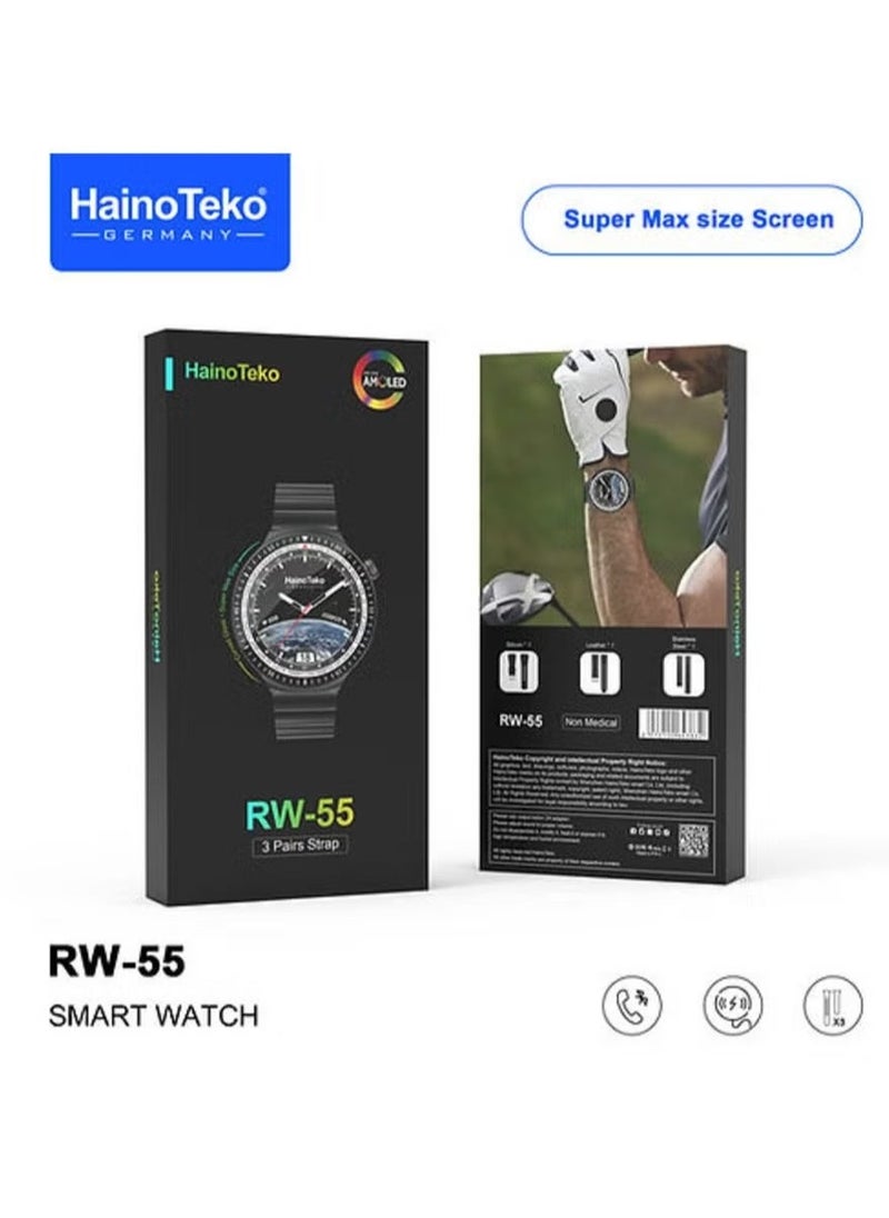 Haino Teko RW 55 Smart Watch with Super Max Curved AMOLED Display, 3 Pairs of Straps, and Charging Cable for Men - Stylish Silver Design, Fitness Tracker, Heart Rate Monitor, Waterproof, Long Battery Life, Customizable Features for Everyday Wear - Image 3