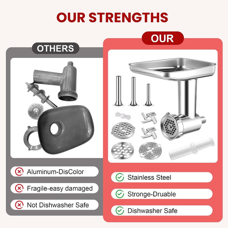 KINGEAGLE ملحق مطحنة الطعام من الفولاذ المقاوم للصدأ لخلاط KitchenAid القائم، مطحنة لحوم متينة، يشمل 3 ألواح طحن، 3 أنابيب حشو السجق، 2 شفرات طحن، آمنة للغسيل في غسالة الأطباق - Image 4