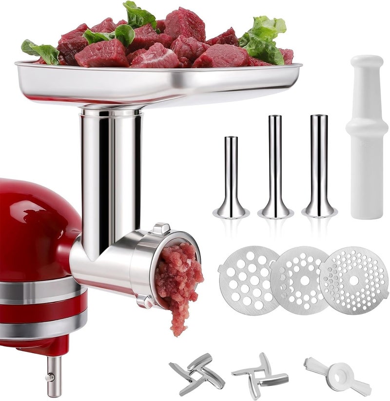 KINGEAGLE ملحق مطحنة الطعام من الفولاذ المقاوم للصدأ لخلاط KitchenAid القائم، مطحنة لحوم متينة، يشمل 3 ألواح طحن، 3 أنابيب حشو السجق، 2 شفرات طحن، آمنة للغسيل في غسالة الأطباق - Image 1