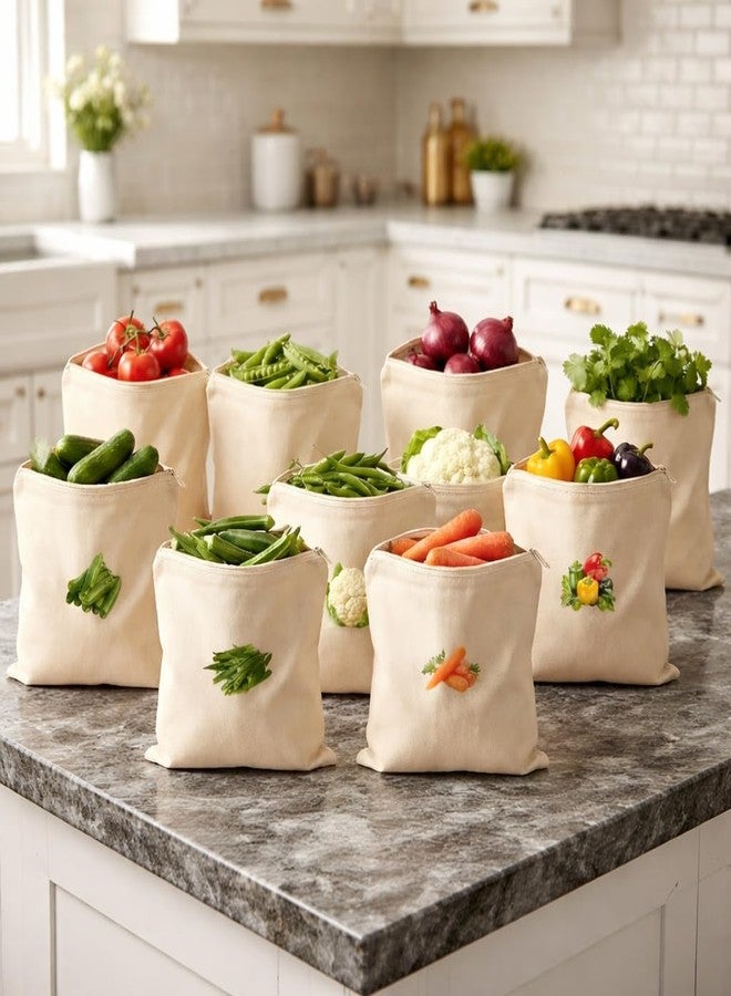 Radiant 100% Cotton Reusable Vegetable Bags for Fridge | Eco-friendly Storage Bags for Kitchen Organizer Washable Breathable Zipper Cloth Bags for Vegetables (Cream (Pack of 10)) - Image 1