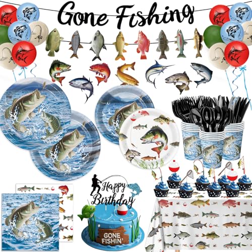 LINHAXM 178PCS Fishing Birthday Party Decorations Includes Plates Napkins Cups Cutlery Tablecloth Cake Cupcake Toppers Banner Hanging Swirls Balloons for Fishing Party Decorations Serve 20 - Image 1