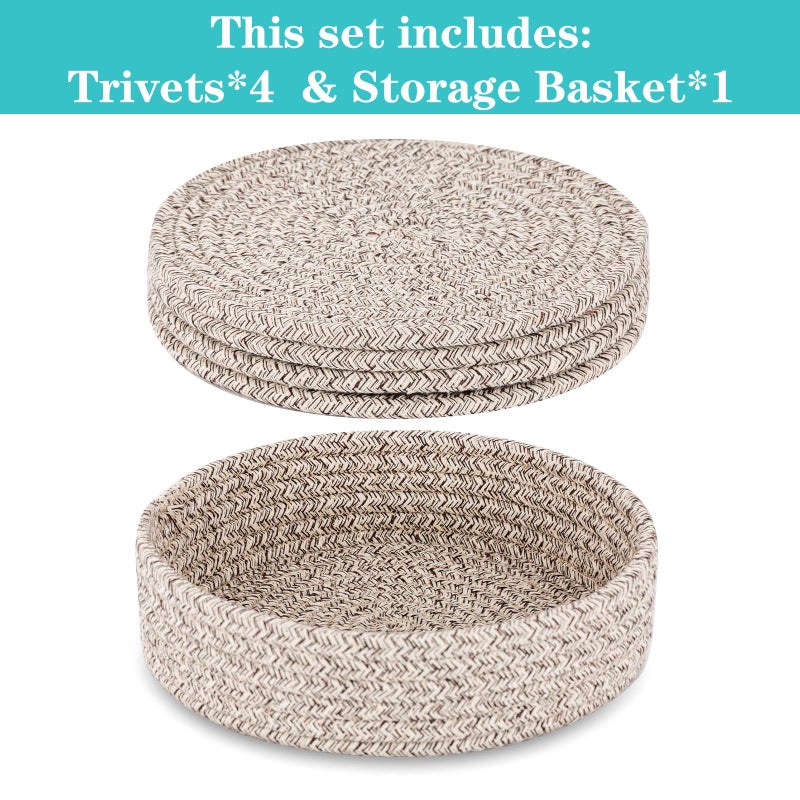 Cazzon Trivets For Hot Dishes  Trivets For Hot Pots And Pans  Hot Pads For Countertops  Coasters 4 Pcs And Storage Basket 1 Pack  Pot Holders For Kitchen  Cotton Hot Mats Cooking Pad Protect Table (Brown) - Image 2
