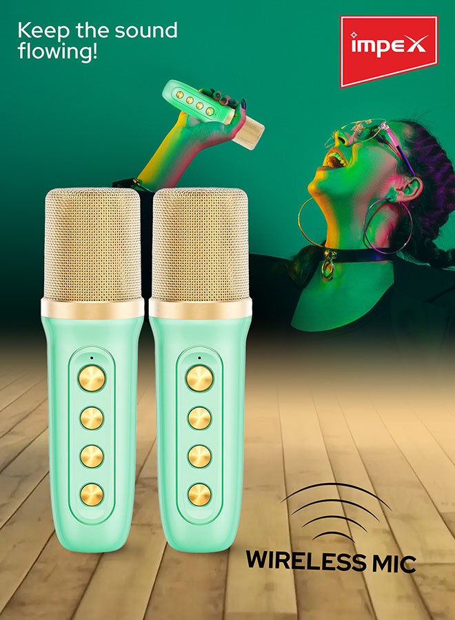 Impex Portable Bluetooth Karaoke Speaker With 2 Wireless Mic With Voice Modulation Green & Gold - Image 4