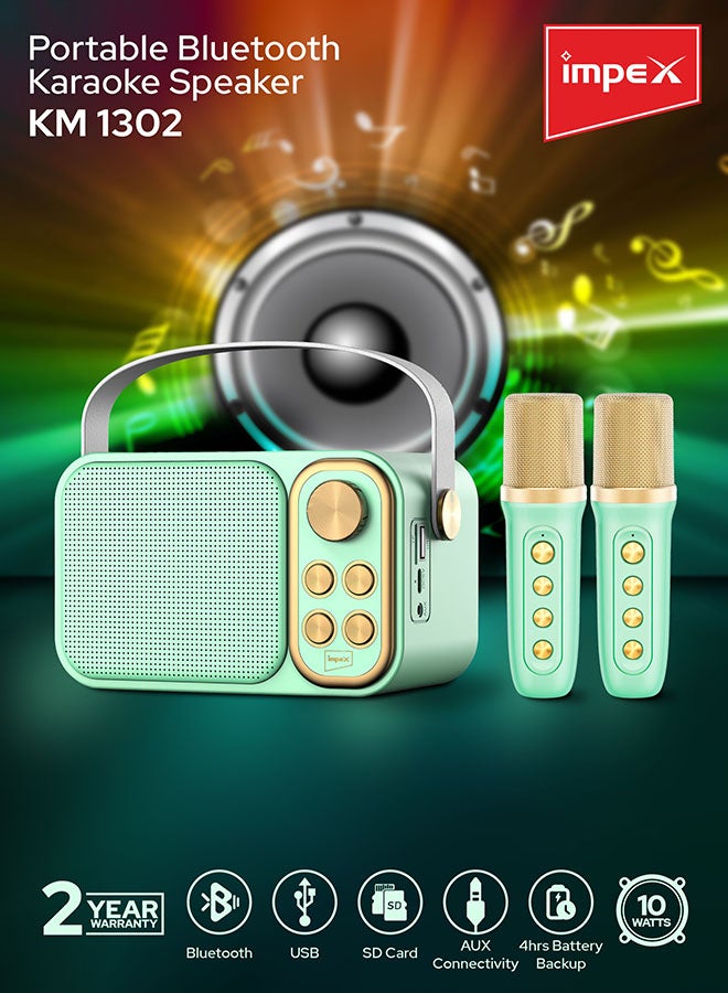 Impex Portable Bluetooth Karaoke Speaker With 2 Wireless Mic With Voice Modulation Green & Gold - Image 2