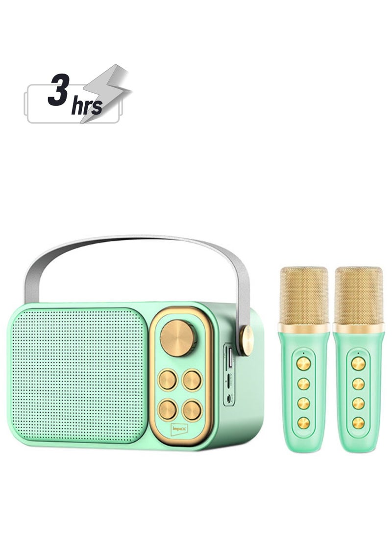 Impex Portable Bluetooth Karaoke Speaker With 2 Wireless Mic With Voice Modulation Green & Gold - Image 1