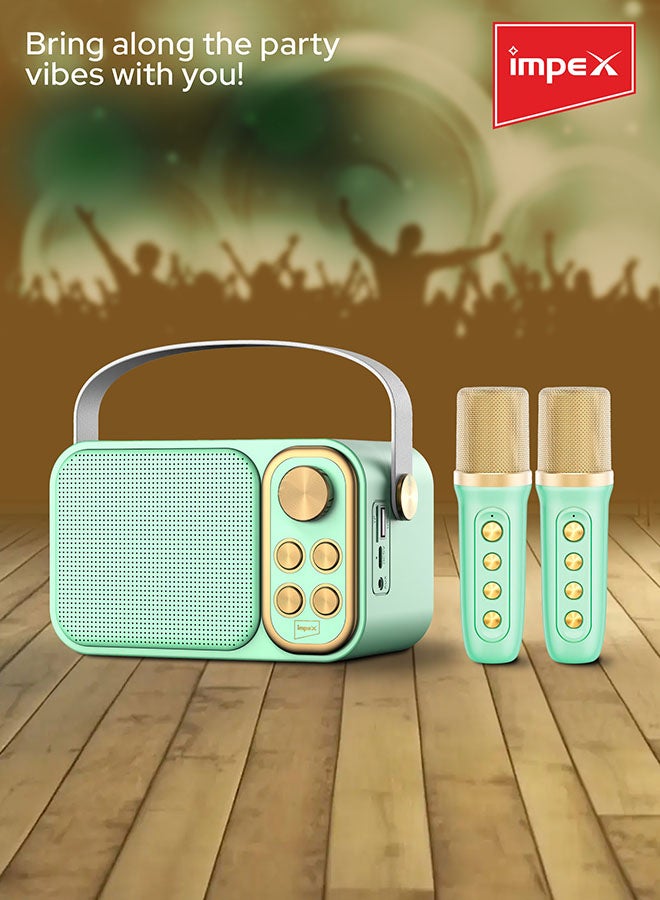 Impex Portable Bluetooth Karaoke Speaker With 2 Wireless Mic With Voice Modulation Green & Gold - Image 3
