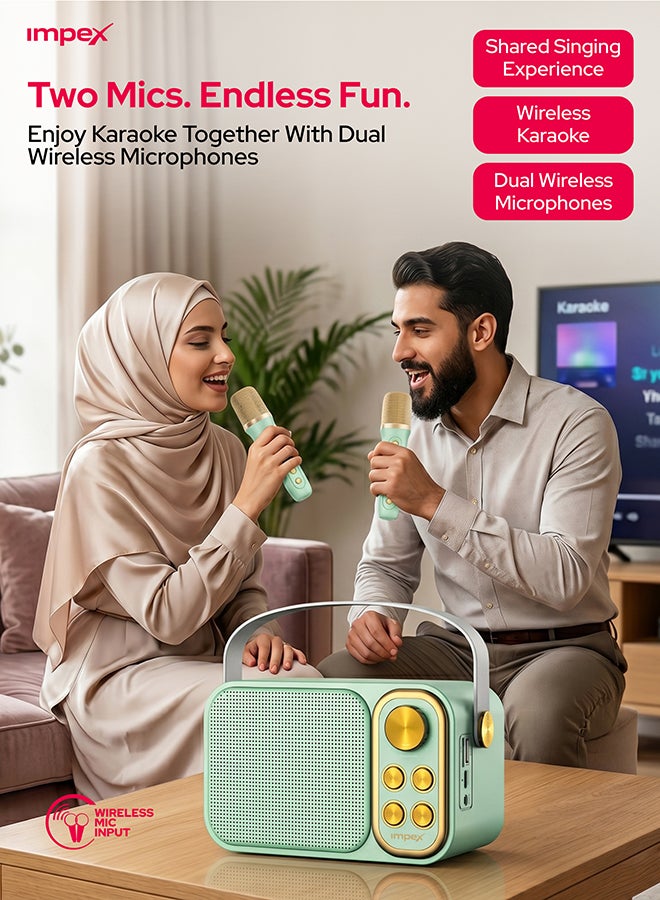 إمبكس مكبر صوت كاريوكي محمول يعمل بتقنية البلوتوث مع 2 ميكروفون لاسلكي مع إمكانية تعديل الصوت باللونين الأخضر والذهبي - Image 4