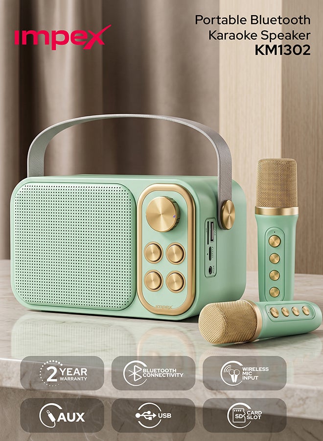 Impex Portable Bluetooth Karaoke Speaker with 2 Wireless Microphones, Voice Modulation, 10W Output, USB/AUX/TF, Type-C Fast Charging, 1500mAh Rechargeable Battery,- KM 1302 Green & Gold