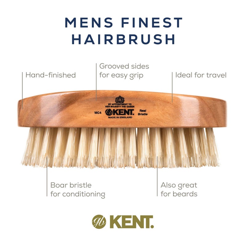 Kent MC4 Men's Hair and Beard Brush Kit: Exfoliating Natural Boar Bristle Hair Brush, Cherrywood Base with Firm Bristles for Coarse Hair Types - LPC3 Brush Cleaner - Premium Grooming Set - Image 4