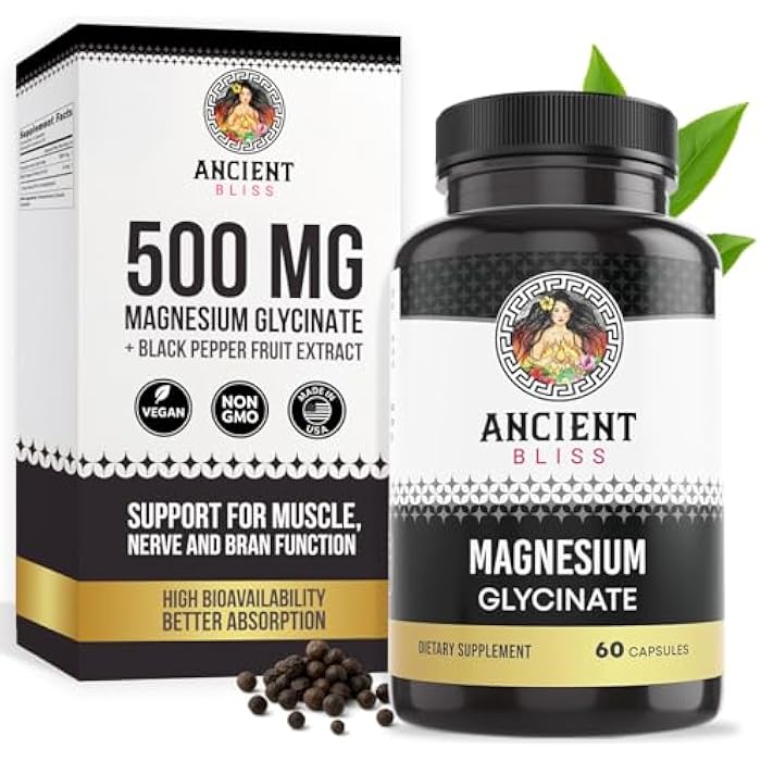 Ancient Bliss Magnesium Glycinate for Muscles & Nerves, Digestive & Immune Support Supplement, Magnesium Supplement for Women & Men (60 Capsules) - Image 1