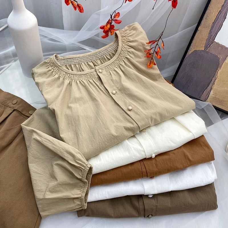 French Retro Pleated Round Neck Long-Sleeved Shirt For Women In Early Autumn, Gentle And Western Style, Slim And Versatile Baby Doll Top - Image 4