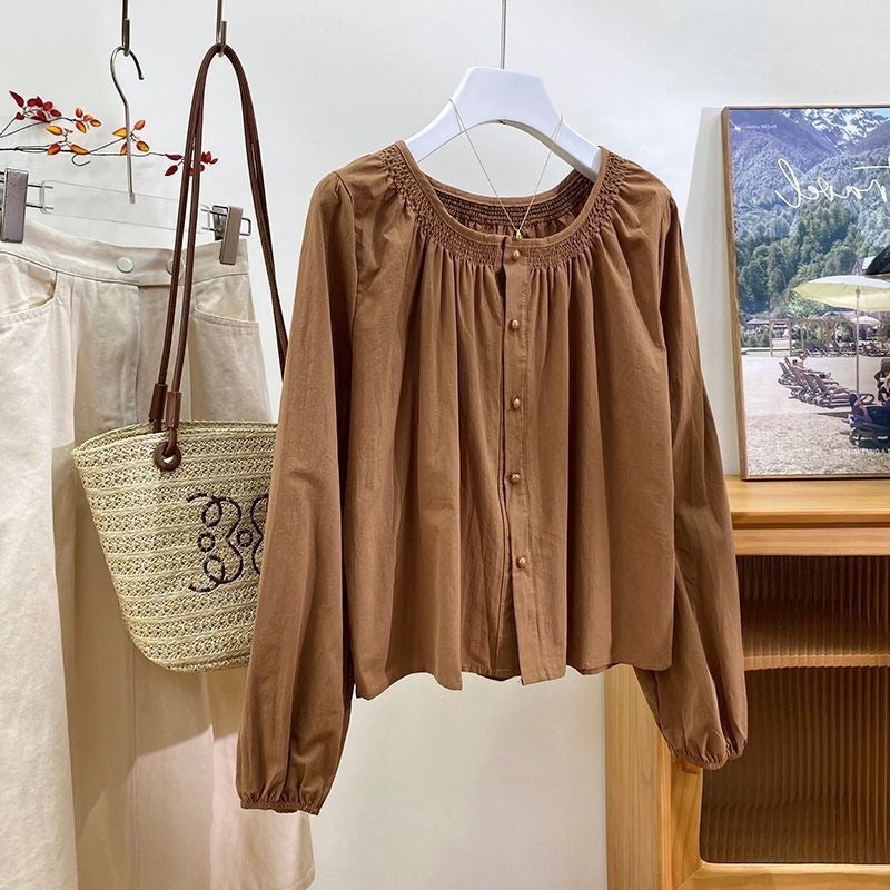 French Retro Pleated Round Neck Long-Sleeved Shirt For Women In Early Autumn, Gentle And Western Style, Slim And Versatile Baby Doll Top - Image 3