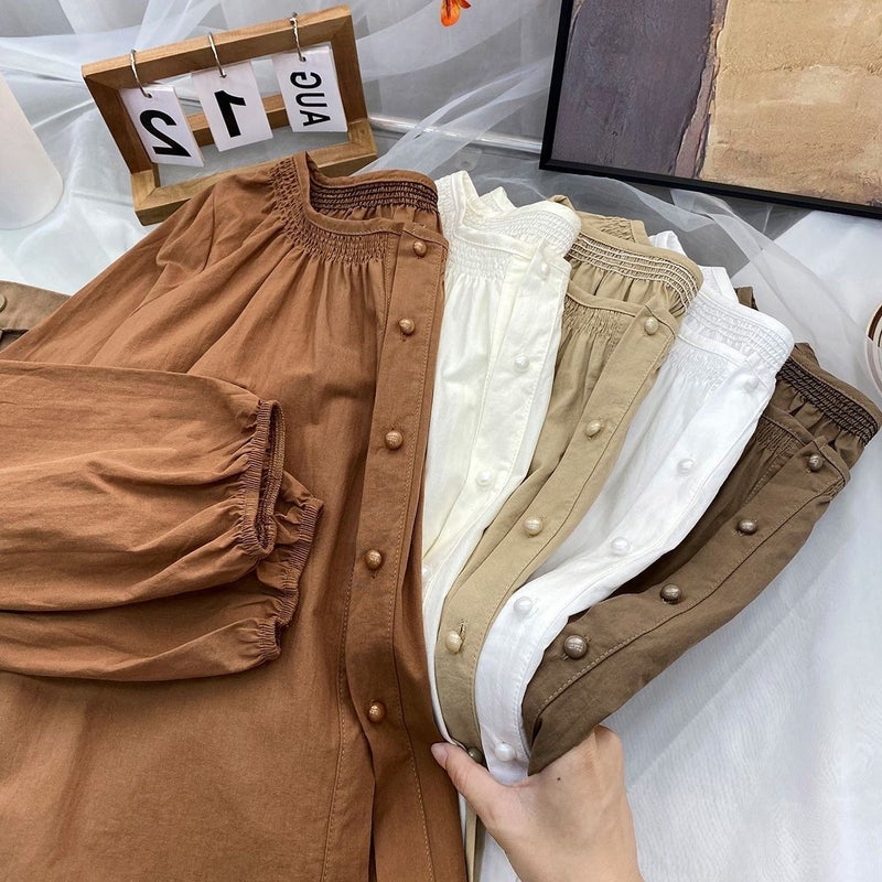 French Retro Pleated Round Neck Long-Sleeved Shirt For Women In Early Autumn, Gentle And Western Style, Slim And Versatile Baby Doll Top - Image 2