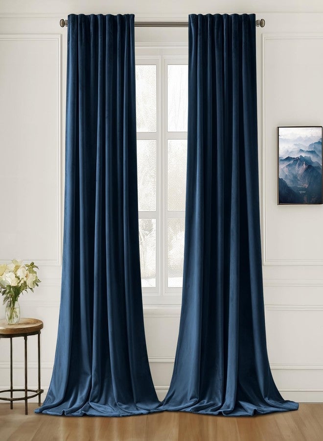 MIULEE Navy Blue Velvet Curtains 96 inches Long 2 Panels - Luxury Pinch Pleated Room Darkening Window Drapes for Bedroom Living Room Thermal Insulated Super Soft Blackout, Back Tab Rod Pocket - Image 1