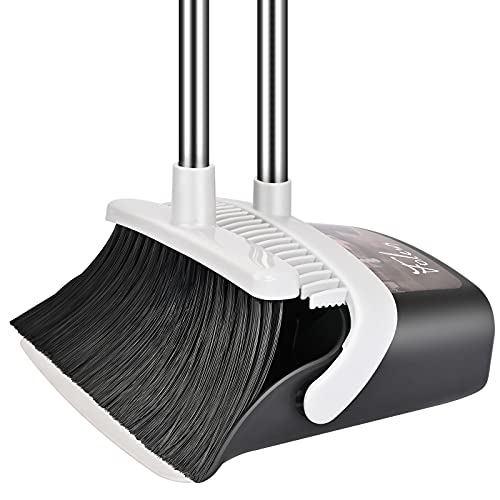 Folews Broom and Dustpan Set Heavy Duty Dust Pan with Long Handle 51 Inch Broom with Dustpan Combo Set Upright SelfCleaning Dust Pan Home Kitchen Lobby Indoor Outdoor Sweeping Cleaning Tool  Gray