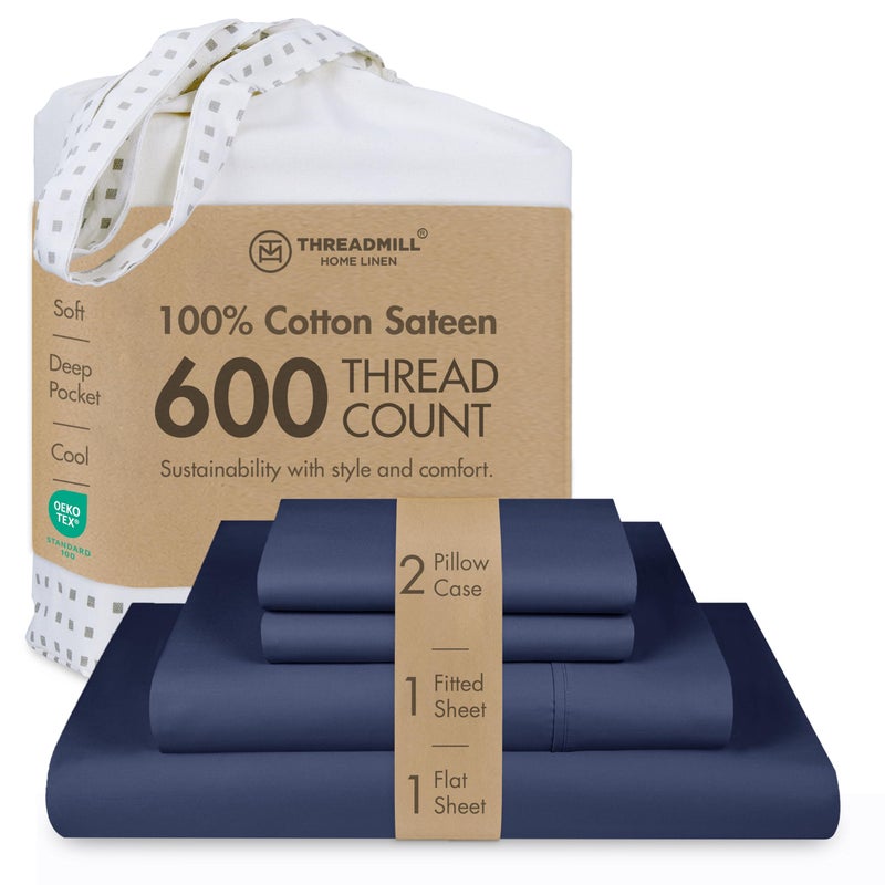 Threadmill 100 Cotton Sheets for Full Size Bed 600 Thread Count Full Bed Sheets Set with 16 Deep Pocket Sateen Weave 4Piece Bedding Set with Cooling Effect Folkstone Blue