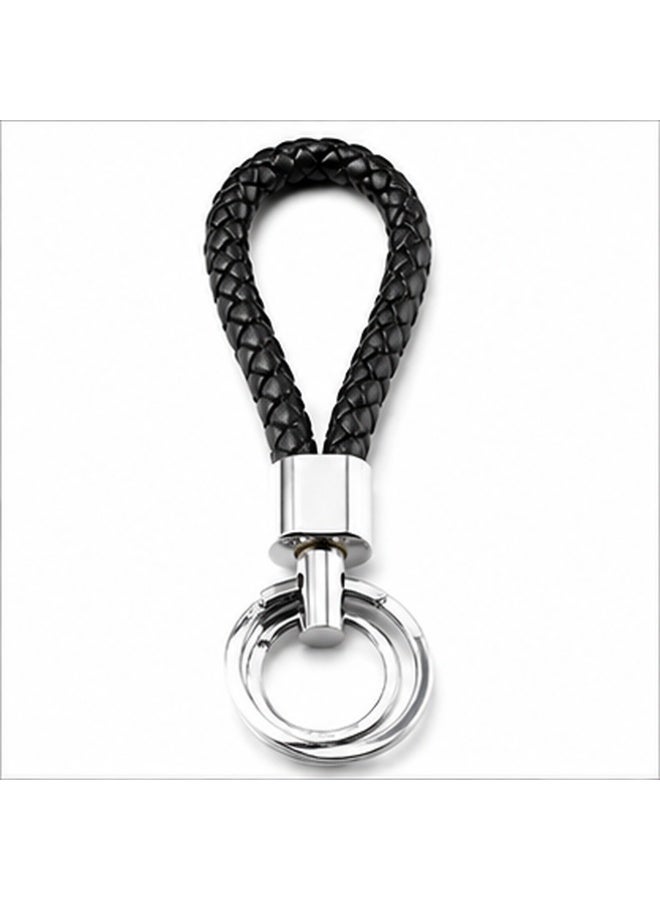 Braided Loop Keychain with Dual Key Rings, Black Strap and Silver-Tone Hardware, 9.5 cm Key Holder - Image 1