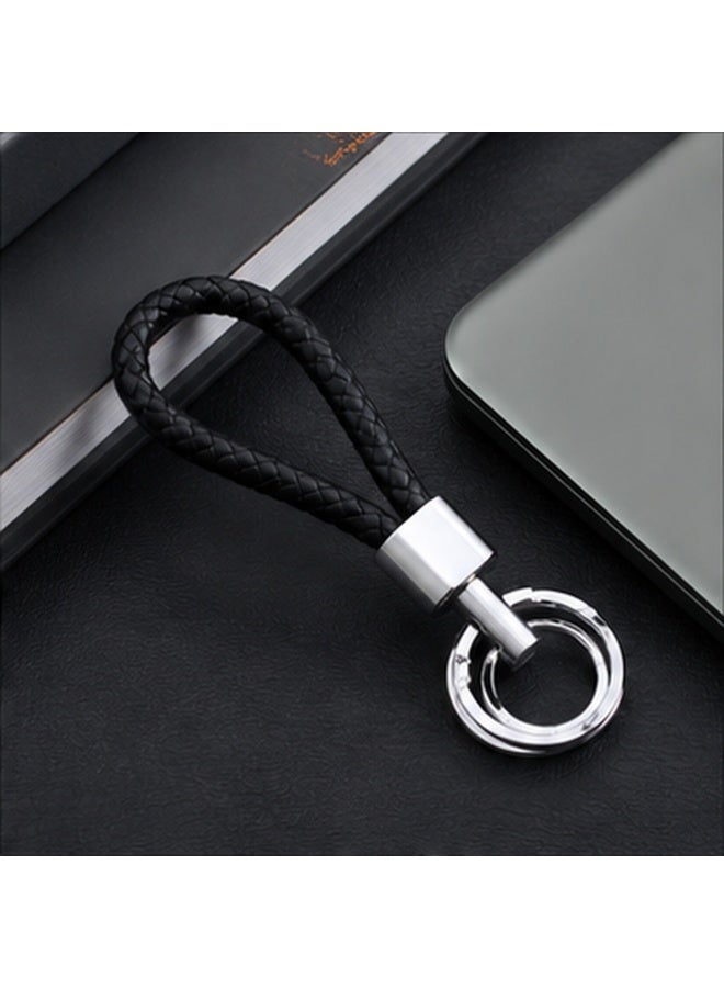 Braided Loop Keychain with Dual Key Rings, Black Strap and Silver-Tone Hardware, 9.5 cm Key Holder - Image 3
