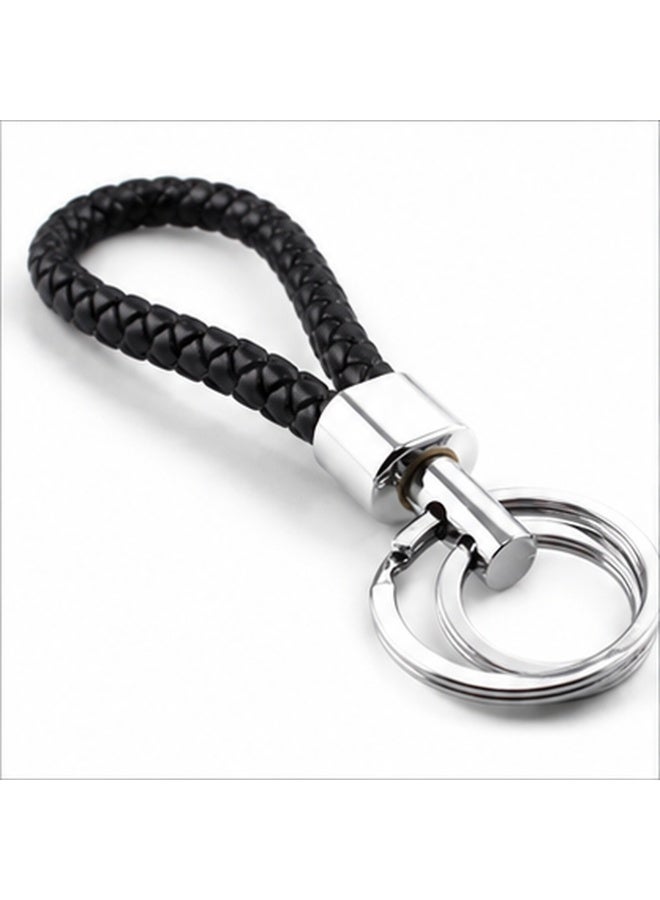 Braided Loop Keychain with Dual Key Rings, Black Strap and Silver-Tone Hardware, 9.5 cm Key Holder - Image 2