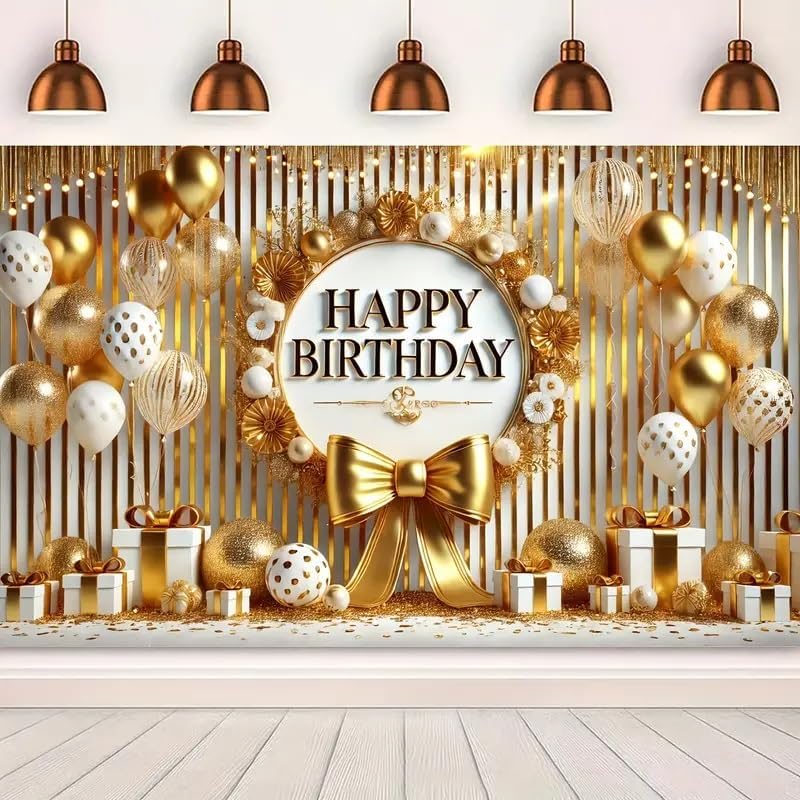 STUTI WORLD Birthday Backdrop - Party Backdrop Poster (8x5 feet) in Polyester Fabric. (Golden White) - Image 1