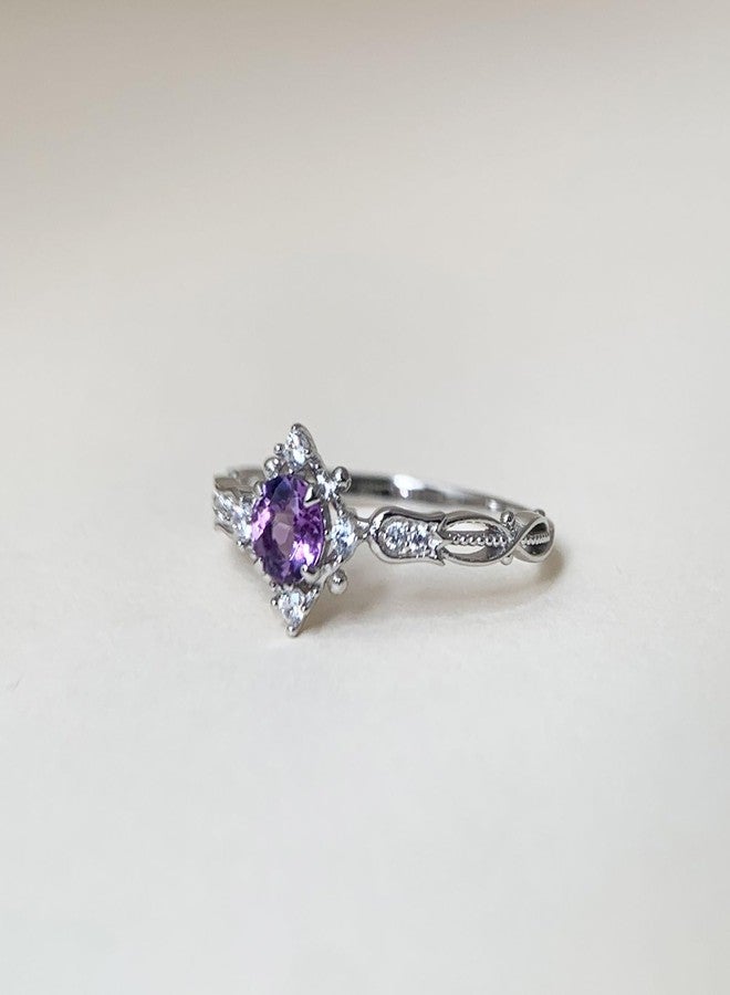 يس ليدي خاتم YESLADY من الجمشت للنساء، بتصميم آرت ديكو، حجر بخت شهر فبراير الطبيعي، مصنوع من الفضة، مرصع بحجر الزركونيا المكعب، خاتم مميز بتصميم هالة، مقاس 7 - Image 3