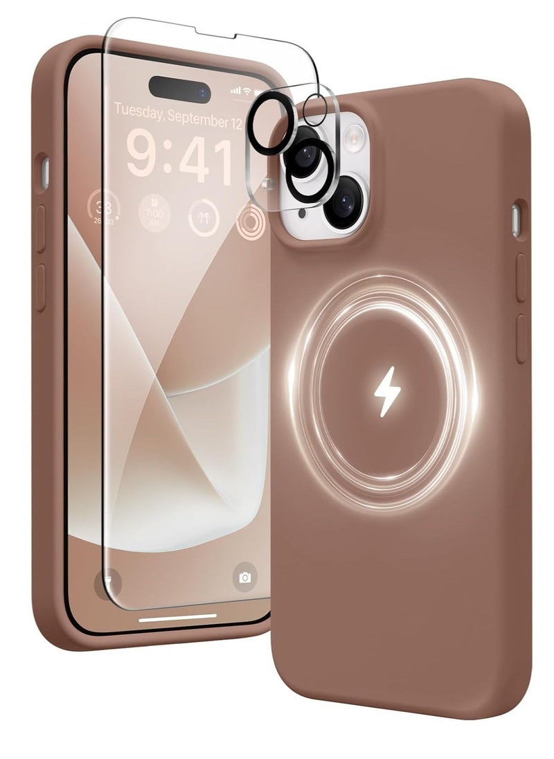 Raxoom ELTRAZONE 5-in-1 Magnetic iPhone 15 Case â€“ Brown, Slim Skin-Like Silicone, MagSafe-Compatible with 2x Screen Protectors and Camera Lens Protectors - Image 1