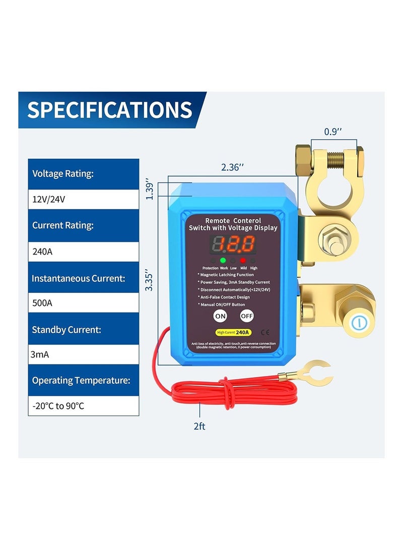 MVAQKLM  240A 12V Remote Battery Disconnect Switch with LED Voltage Display, Automatic Power Shut-Off Anti-Theft Kill Switch for Car, Truck, Boat - Image 2