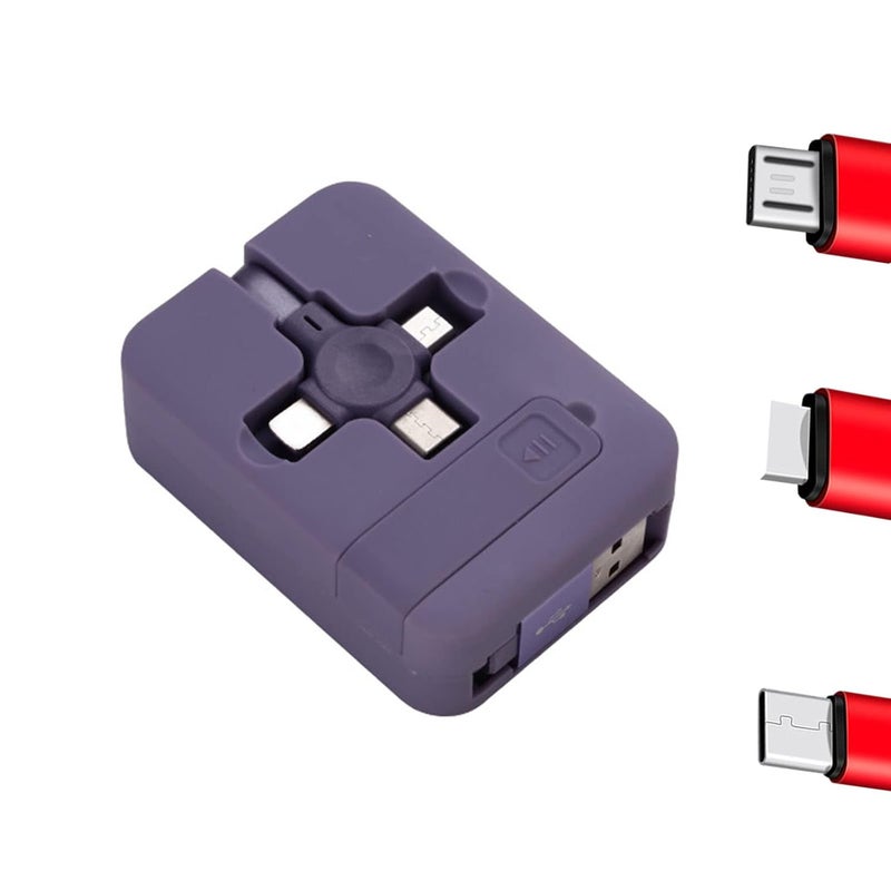 راحة بكرة كابل شحن ثلاثية في واحد - 2022 [جديد] كابل USB شاحن متعدد المنافذ - شاحن هاتف محمول مبتكر 3 في 1 - متوافق مع IP/Android/Type-C/Micro-USB (بنفسجي) - Image 1