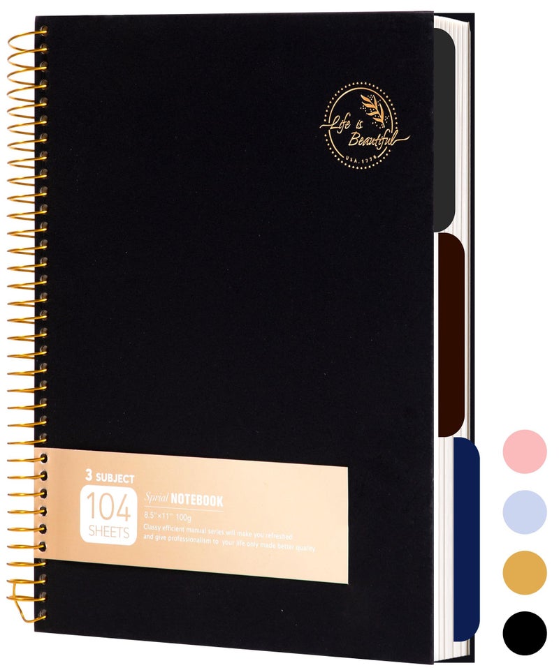 Flying Eagle 8.5 x 11 Large Spiral Notebook 3 Subject Spiral Notebook Hardcover Spiral Notebook for note taking 120 Sheets College Ruled Journal for School Office Supplies Writing Journal,Black - Image 1
