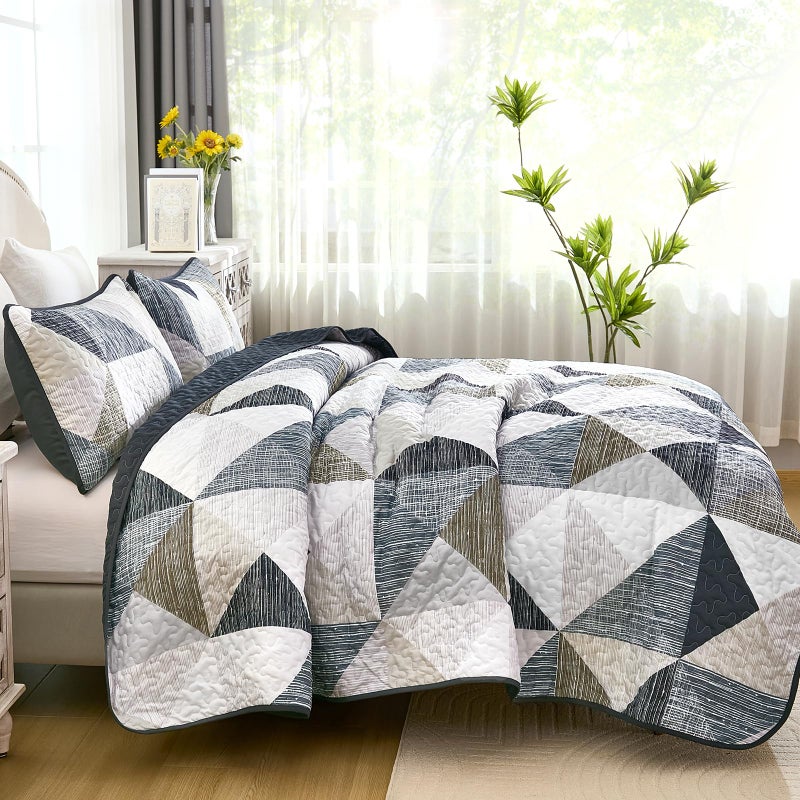 Dintszyayue Quilt Queen Size Grey Blue, 3 Pieces Patchwork Bedspread Bedding for Queen Size Bed, Soft Lightweight Microfiber Geometric Coverlet Set for All Season Quilt with 2 Pillowcases - Image 3