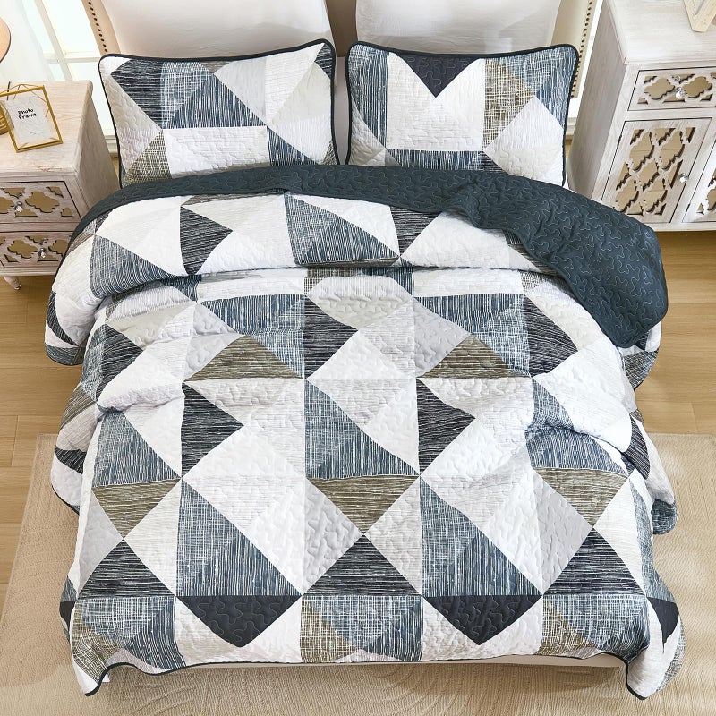 Dintszyayue Quilt Queen Size Grey Blue, 3 Pieces Patchwork Bedspread Bedding for Queen Size Bed, Soft Lightweight Microfiber Geometric Coverlet Set for All Season Quilt with 2 Pillowcases - Image 4